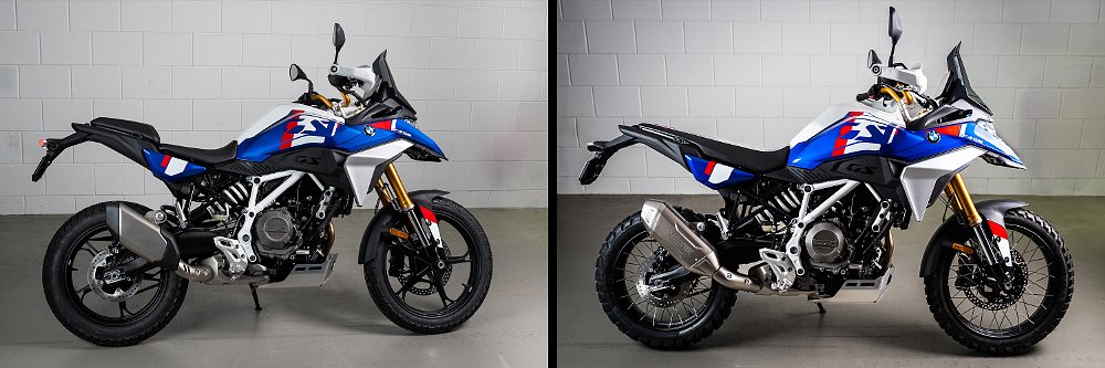 Side-by-side photos of the base model F 450 GS and the F 450 GS Trophy.