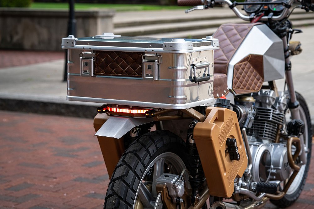 rear view of the aluminum luggage and Rotopax containers for extra fuel