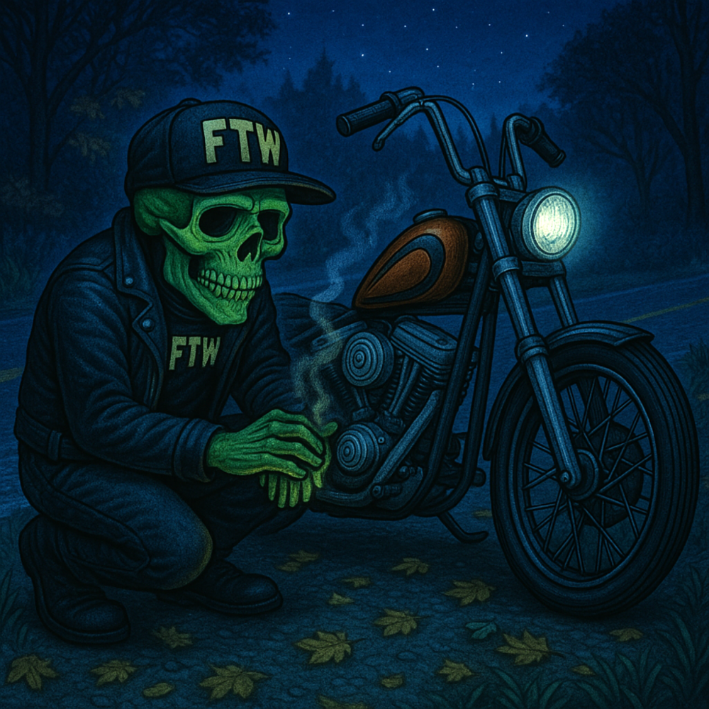 Herman warming his hands on the engine of his motorcycle by the road at night
