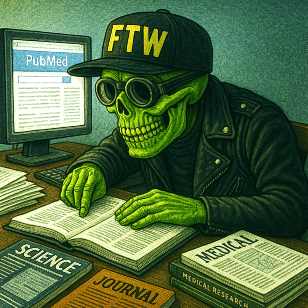 Herman the skeletal motorcycle rider reading scientific journals