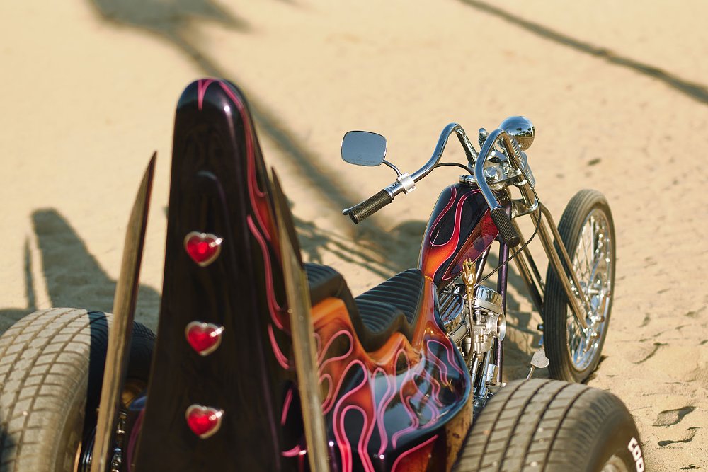 view of the trike from the rear, showing small red hearts on the back of the sissy bar backpad