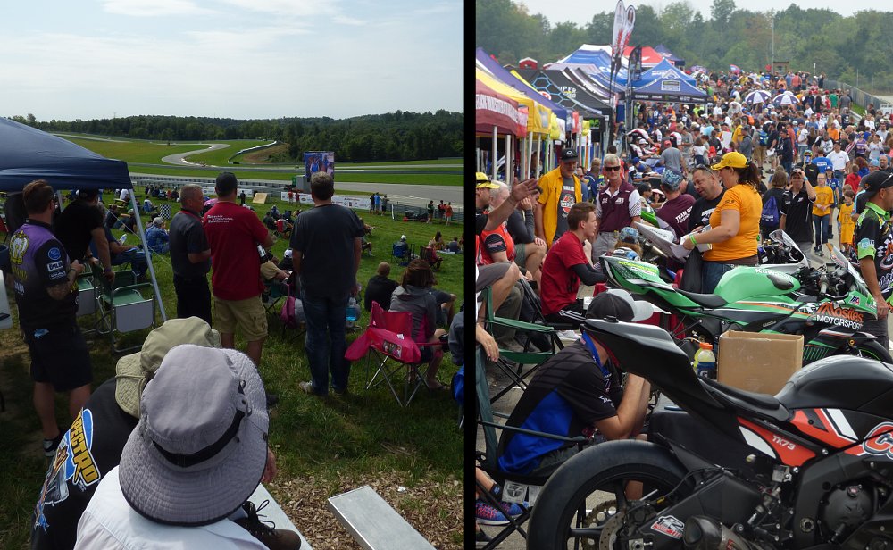 scenes of fans at a MotoAmerica motorcycle race watching from a hillside and filling the pits during an autograph session