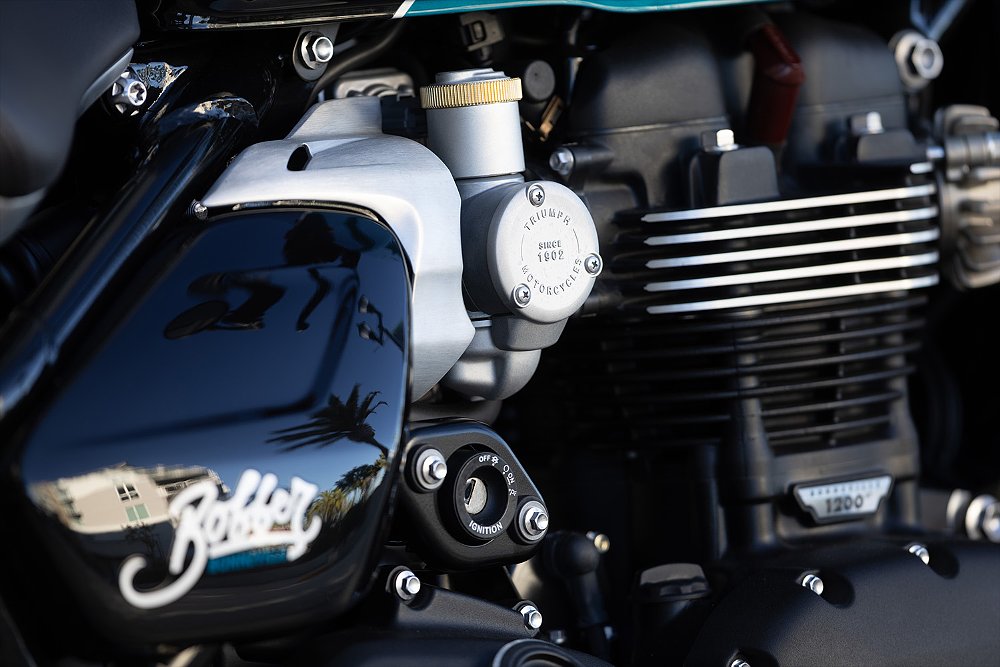 A close-up of the Bobber's 1,200 cc parallel-twin engine.