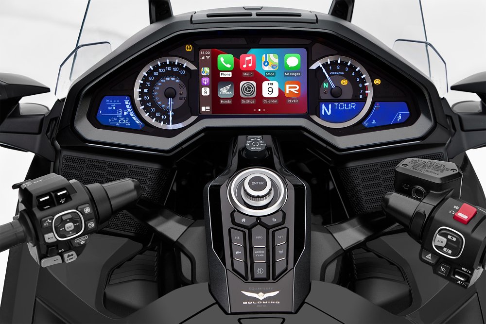 wide, multi-color display in the cockpit of a Honda Gold Wing