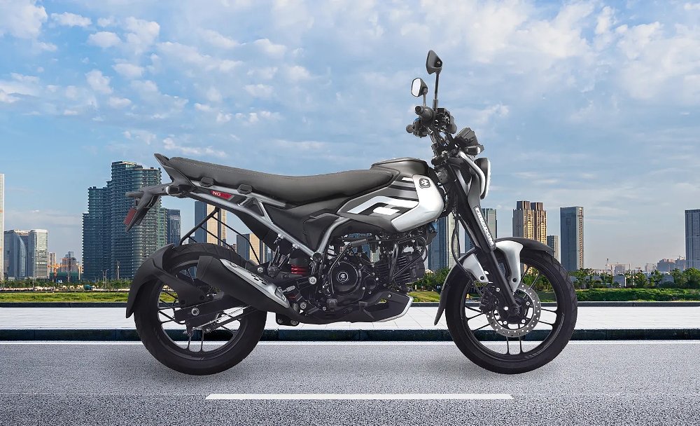 profile view of the Bajaj Freedom 125 parked in front of a city skyline