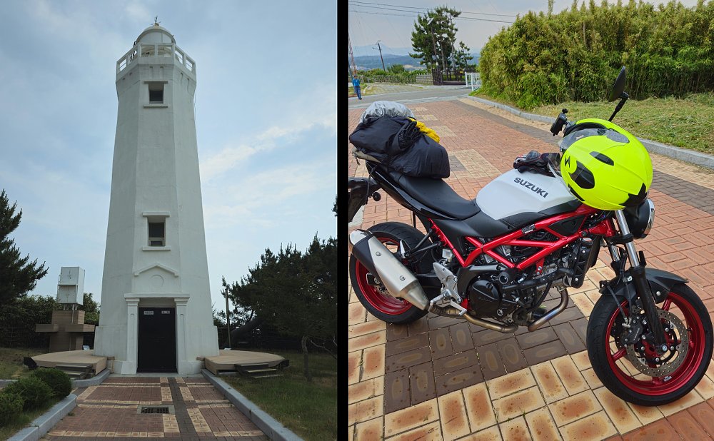 two images, one of the white lighthouse with clouds in the sky and another of a white Suzuki SV650 with red frame parked nearby as rain begins to fall