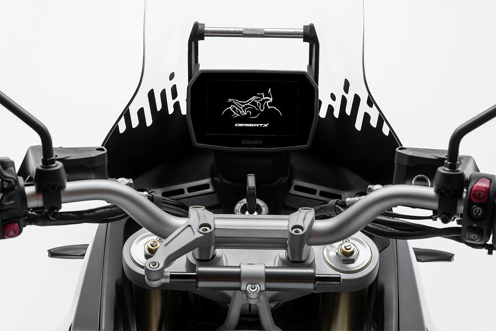 A close-up of the DesertX's new horizontally oriented five-inch TFT dash.
