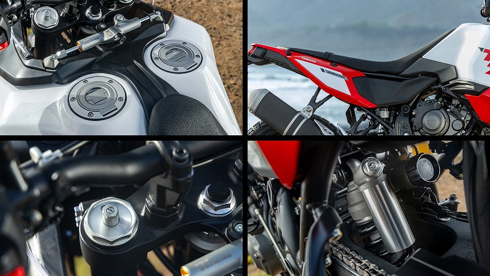 Images of the T&eacute;n&eacute;r&eacute; 700 World Raid's split fuel tank, seat, and suspension.