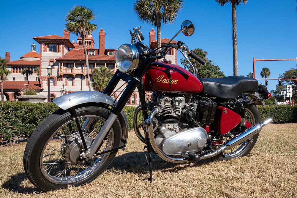 red Indian-badged Royal Enfield twin-cylinder motorcycle