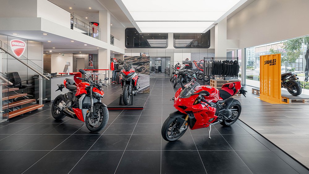 An interior view of a Ducati dealership.