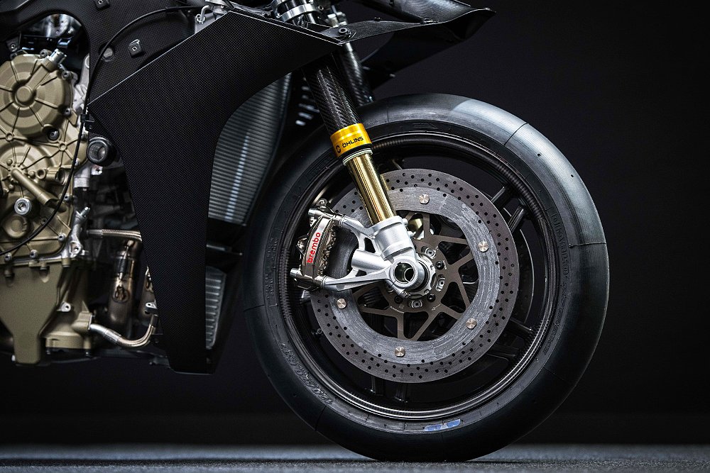 A close-up of the Superleggera V4 Centenario's front wheel and fork.
