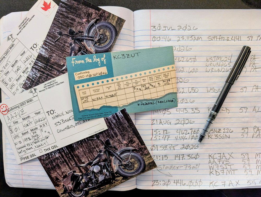 notebook log of contacts and postcards ready to send to people contacted
