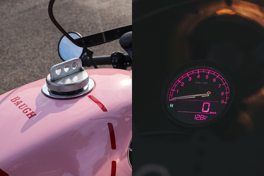 close views of the gas filler cap and the tachometer in the dark with pink lighting