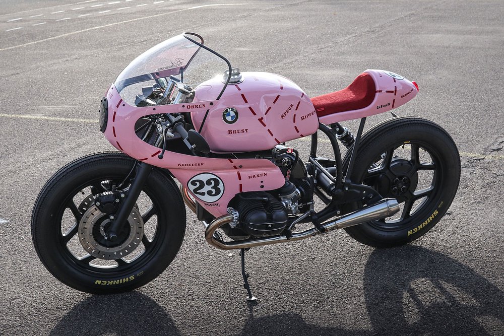 left side view of the pink custom BMW with dotted lines showing cuts of meat