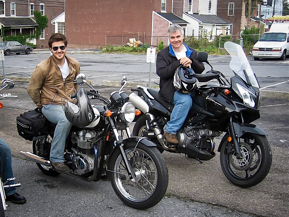 Spurgeon Dunbar and Pops with Triumph Bonneville and Suzuki V-Strom