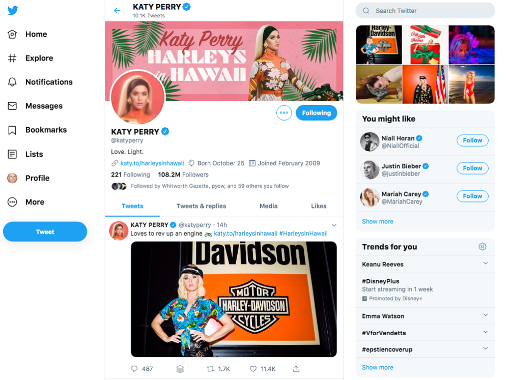 Katy Perry Twitter page