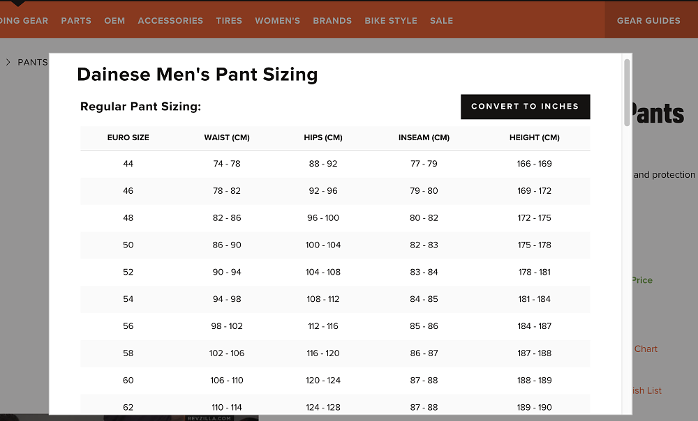RevZilla size chart