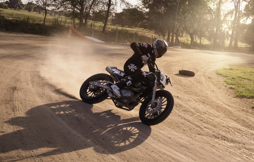 Johnny Lewis testing the Royal Enfield flat track race bike