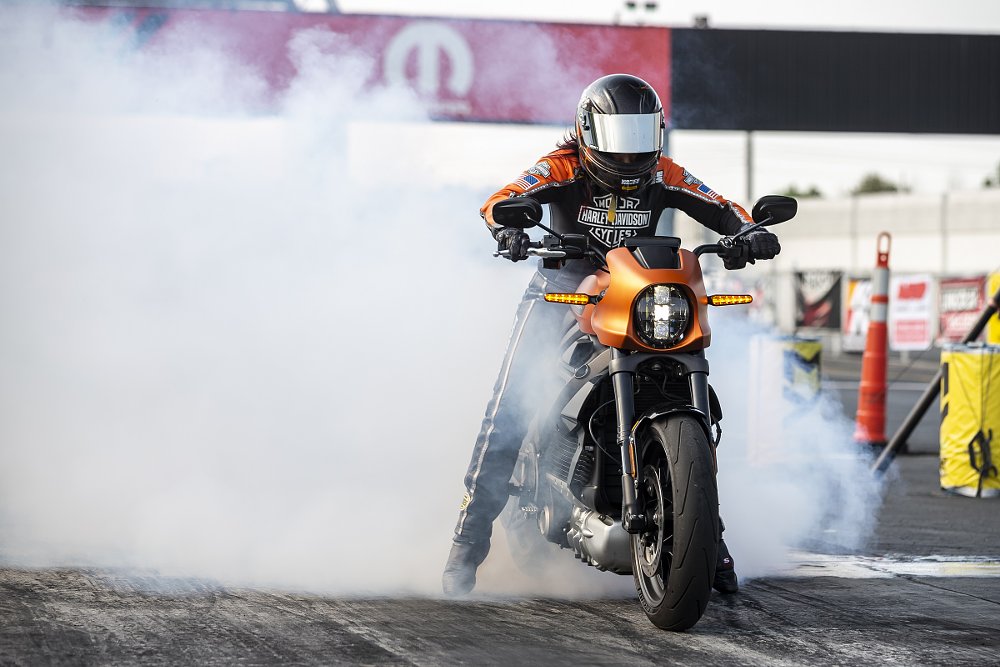Angelle Sampey heats up the LiveWire's rear tire for a quarter-mile run at the drag strip