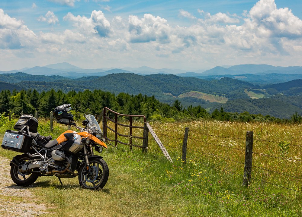 a BMW at an overlook on the Blue Ridge Parkway