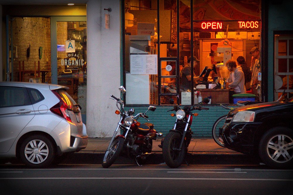 Honda Rebels outside a taco shop