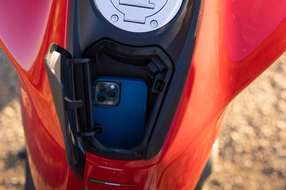 Ducati Multistrada V4 detail of storage cubby in gas tank