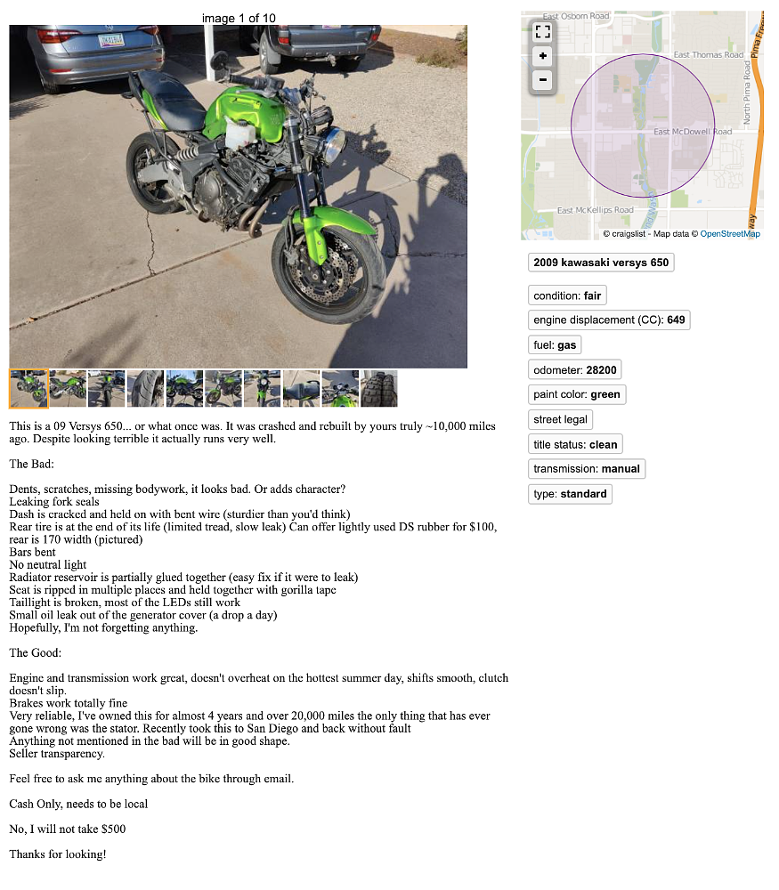 Screenshot of a Craigslist ad for a 2009 Kawasaki Versys 650