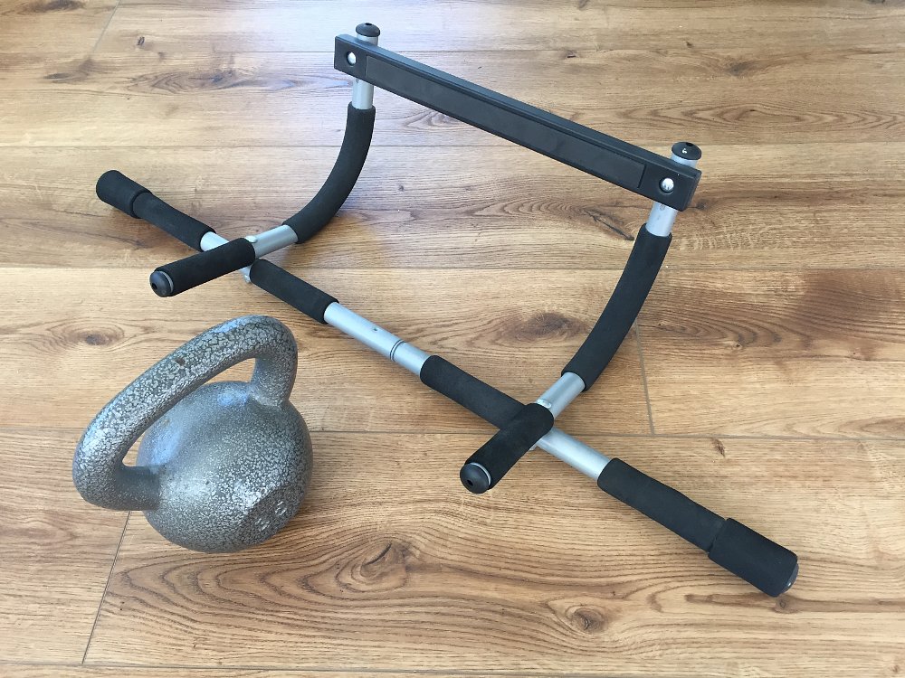 Pull-up bar and kettlebell.