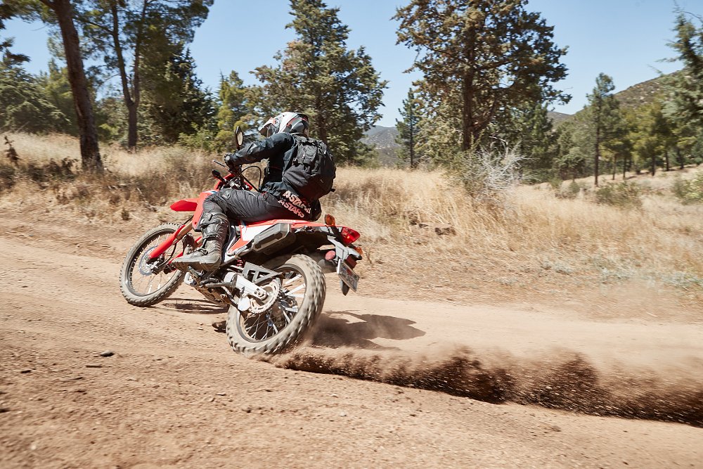 Honda CRF300L sliding on a dirt trail