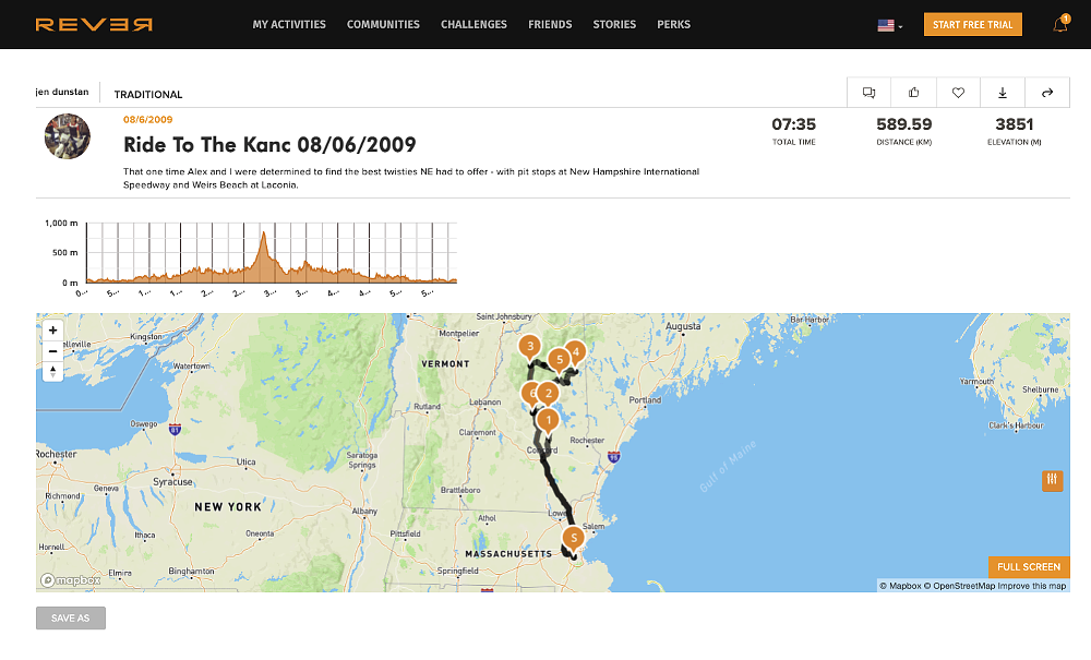 REVER map of Jen's ride