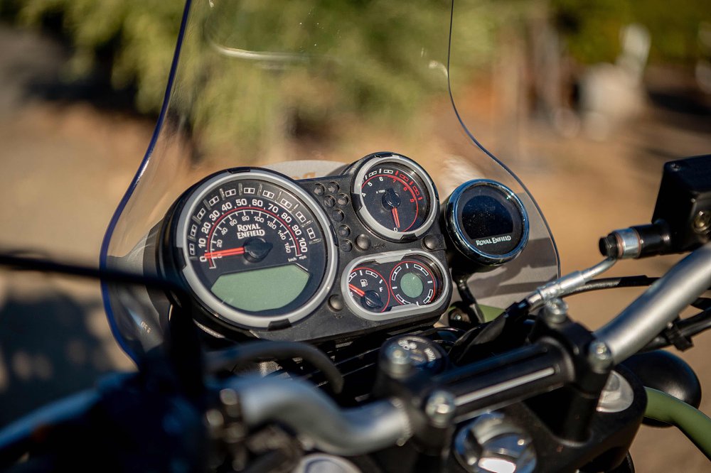2022 Royal Enfield Himalayan cockpit detail with gauges and instruments