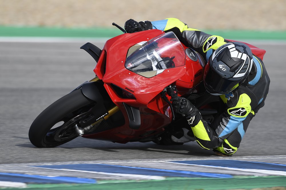 2022 Ducati Panigale V4 S leaned into a curve on a race track