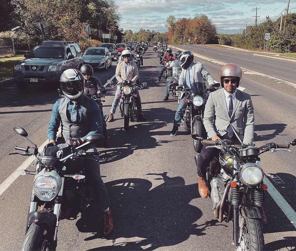 men in suits on motorcycles at a Distinguished Gentleman's Ride