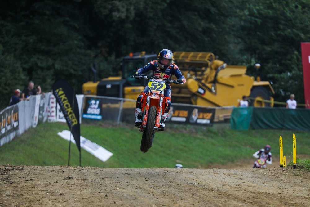 Shayna Texter-Bauman on a KTM racing on a TT course in American Flat Track