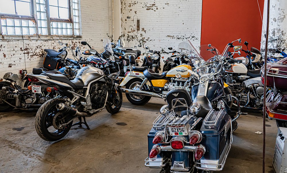 motorcycles in storage at the Skidmark Garage