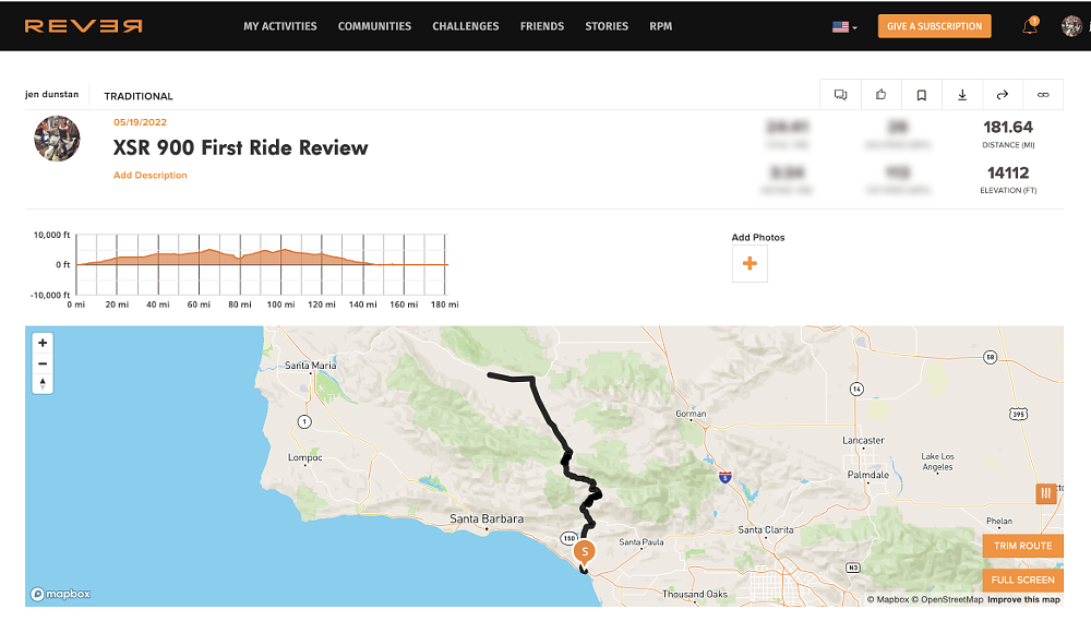 An illustration of the route ridden on the XSR in southern california