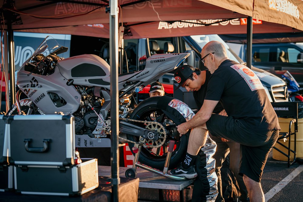Sean and Ricky work on the YZF-R7.