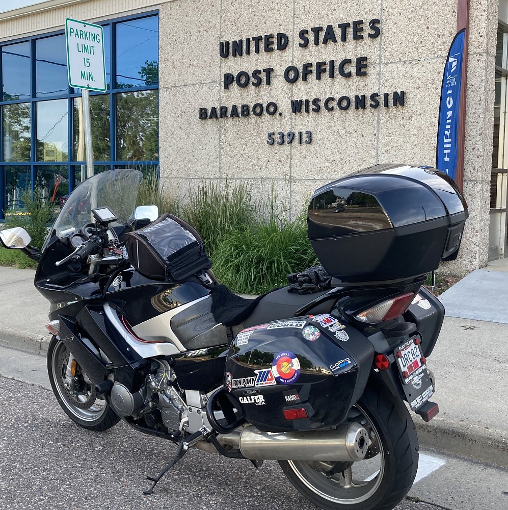 Yamaha FJR1300 parked in front of the Baraboo, Wisconsin, Post Office