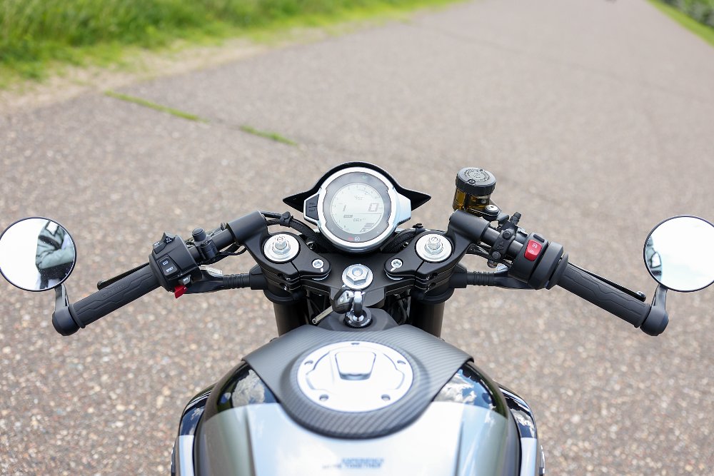 The CFMOTO 700 CL-X Sport controls, mirrors, and dash feel very refined.  