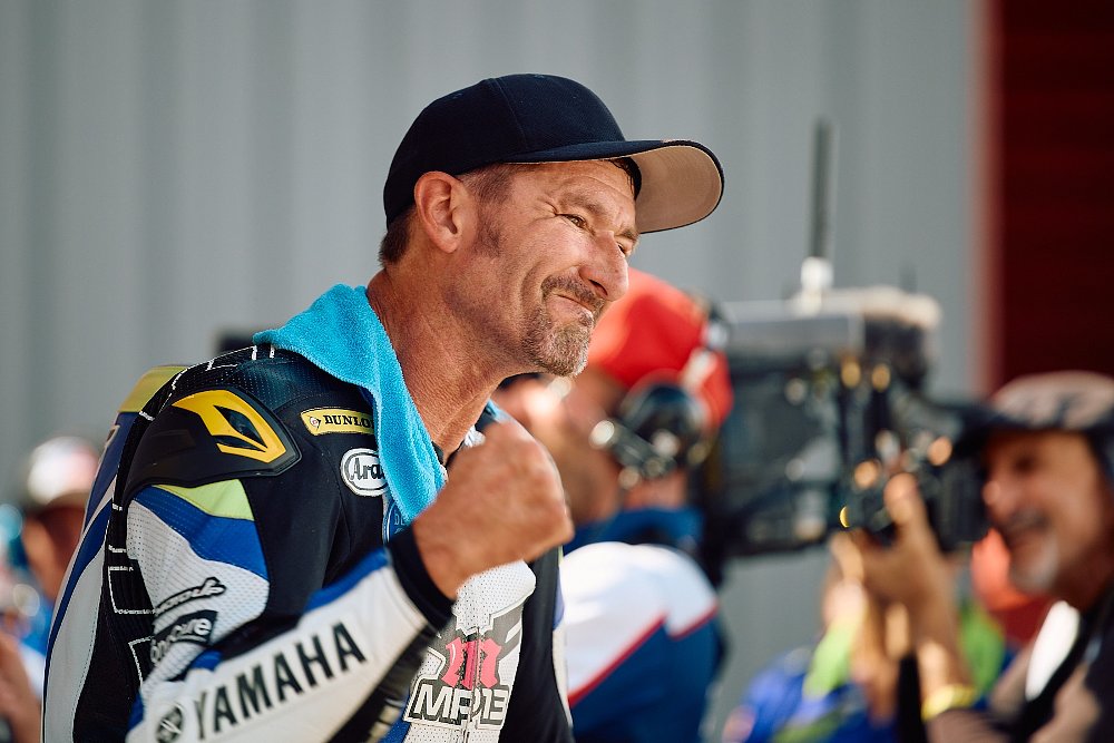 Josh Hayes celebrates his victory on Saturday