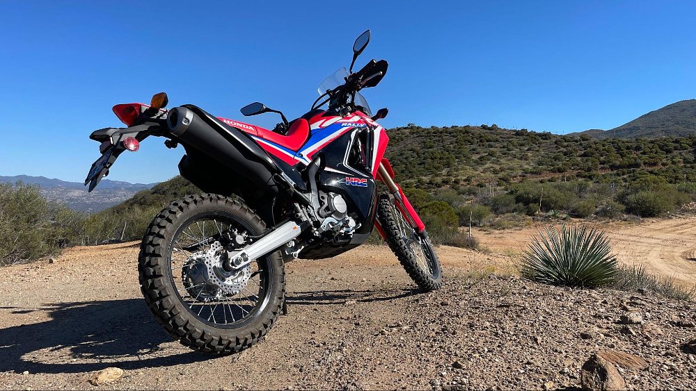 a rear three quarter view of the Honda CRF300L Rally