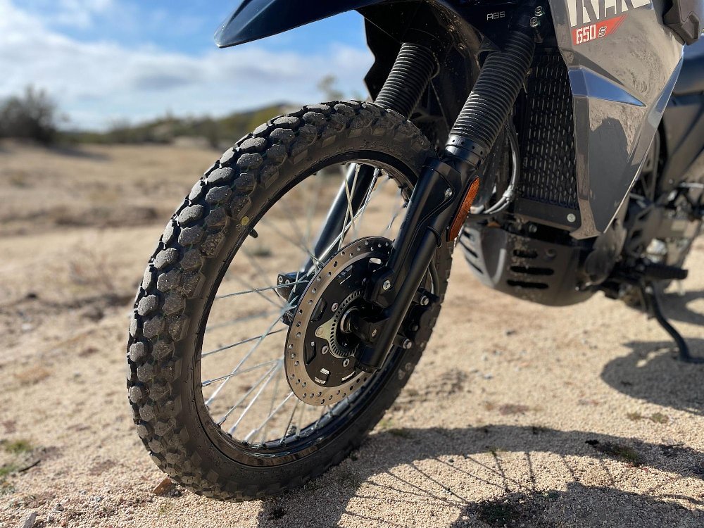 A close up view of the KLR650 S front tire