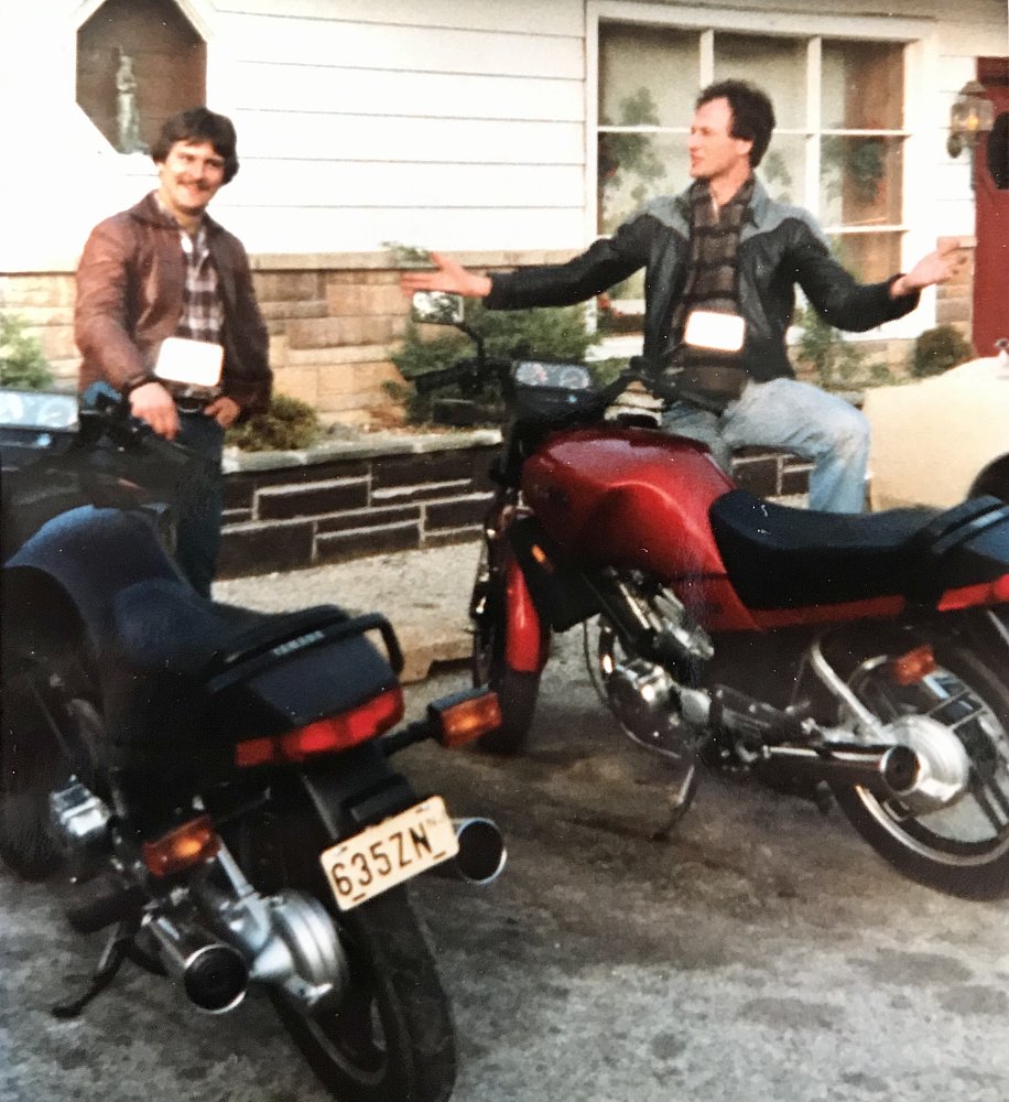 the author's father and his friend on their new Visions in 1983