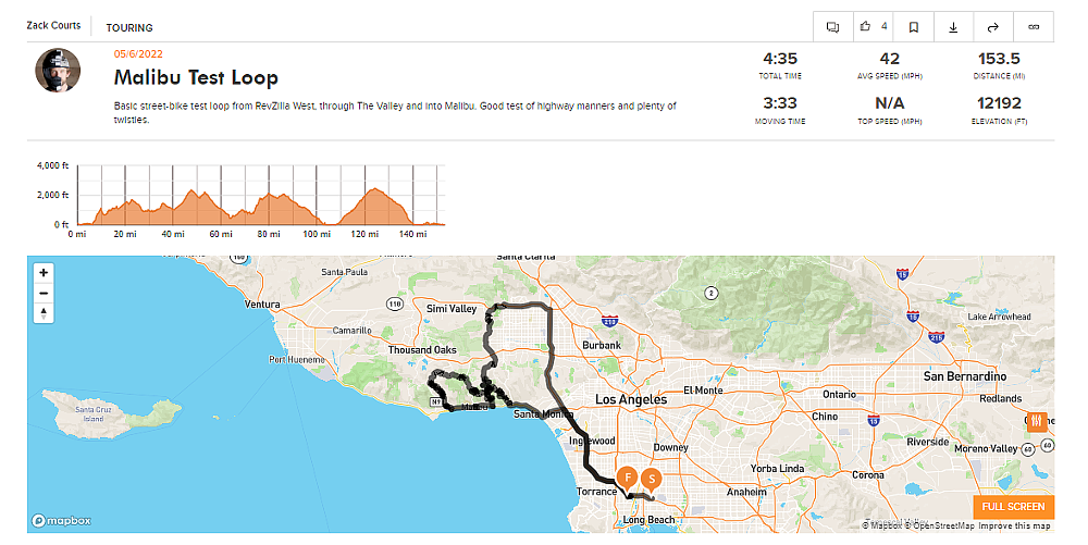 Screenshot of a REVER track of a motorcycle ride.
