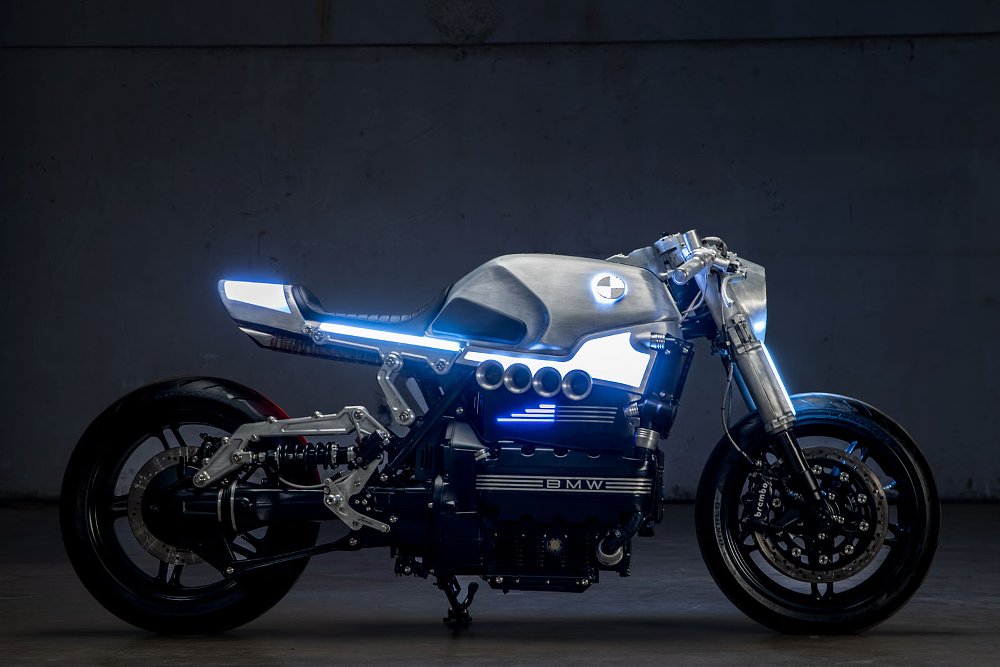 motorcycle in darkness lit up and glowing