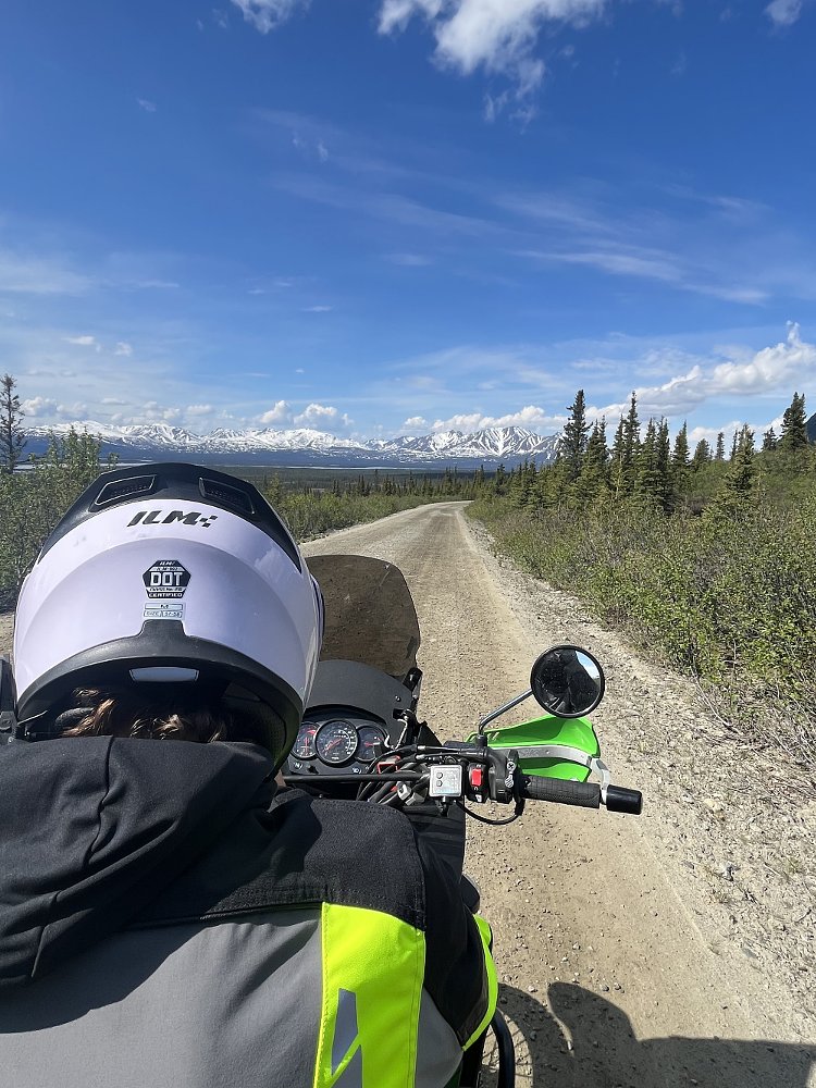 view of riding on the Denali Highway from the rider's perspective