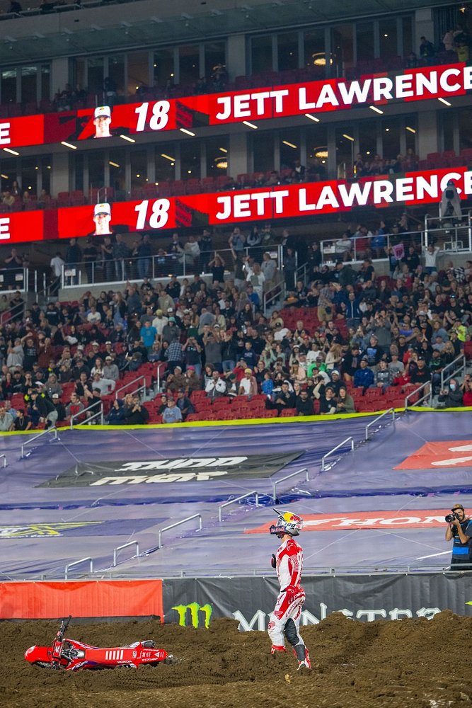 Jett Lawrence celebrates the win in front of the fans at Los Angeles