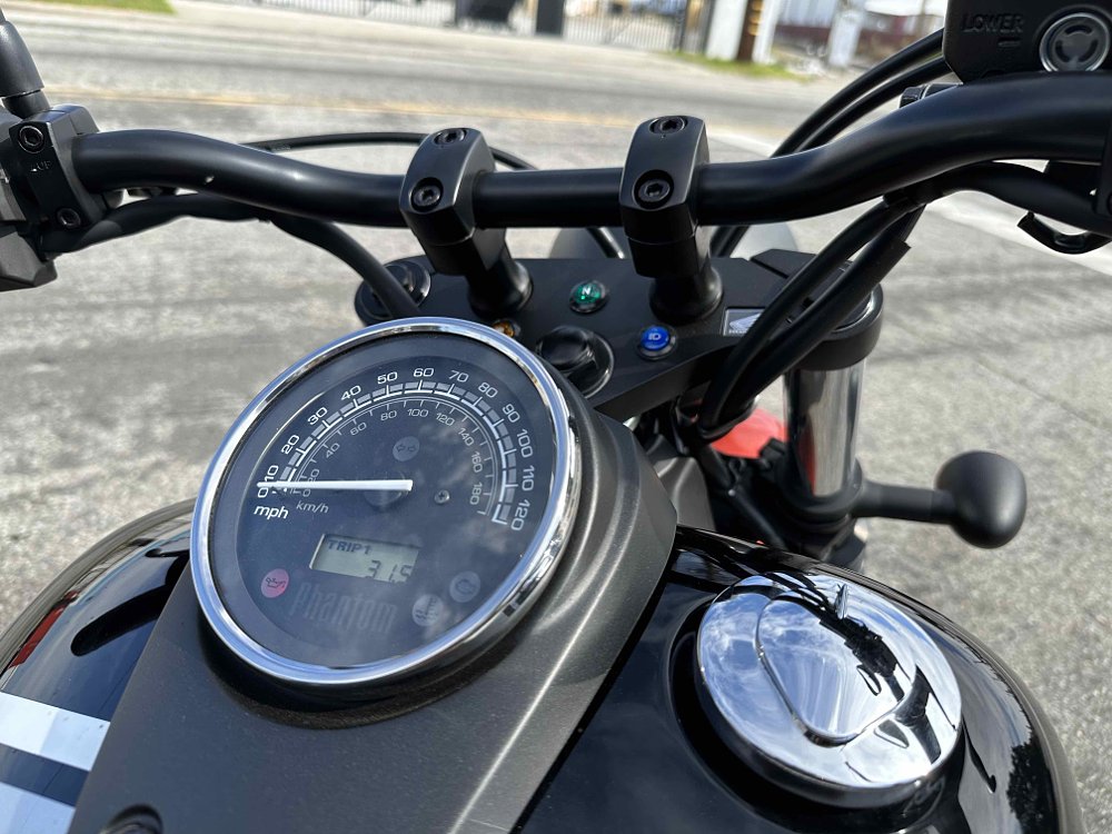 closeup view of the gauge on the Honda Shadow Phantom gas tank