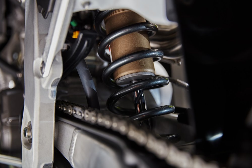 closeup of rear shock on the TF 250-X