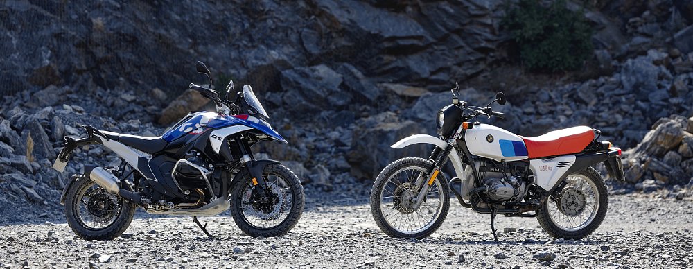 the 2024 BMW R 1300 GS parked alongside the original R80G/S